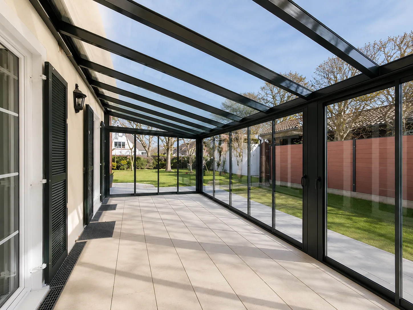 Glasüberdachung mit umlaufender Schiebeverglasung auf einer Terrasse