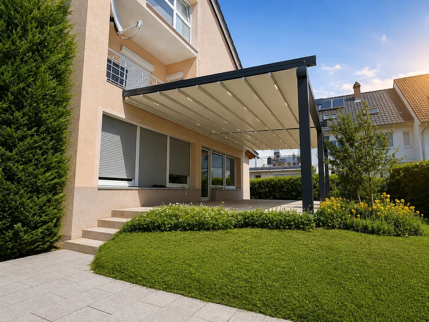 Pergola mit hellem Faltdach an einem Wohnhaus mit gepflegtem Garten