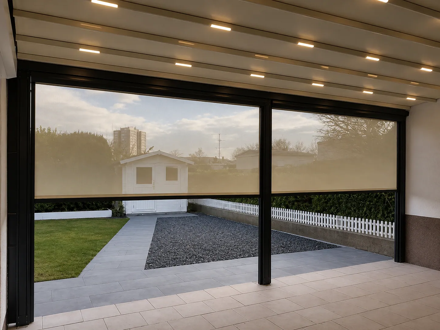 Pergola von innen mit heruntergefahrenen Senkrechtmarkisen und LED-Beleuchtung