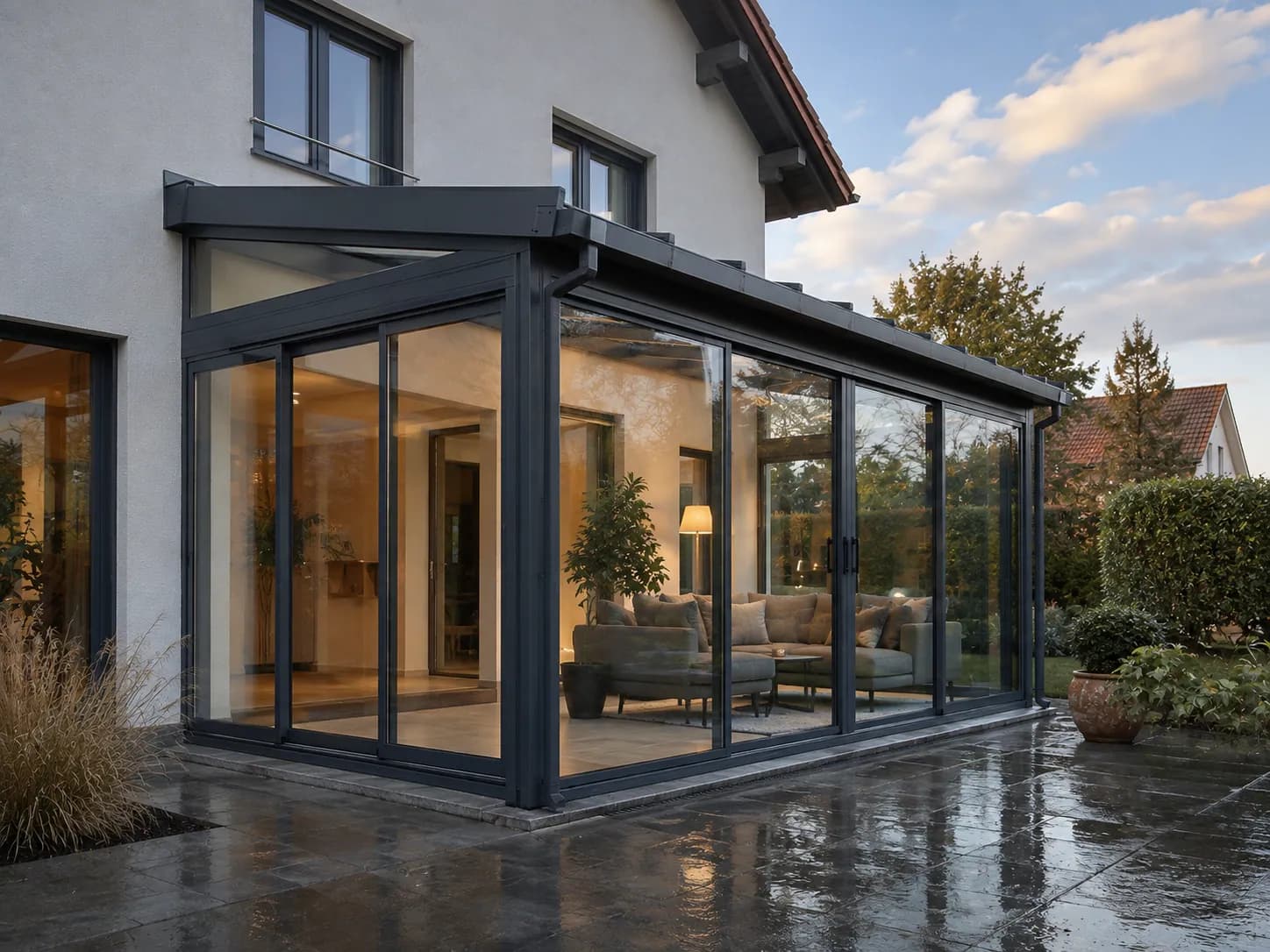 Visualisierung: Beleuchteter Sommergarten am Abend bei Regen, Blick in den Wohnraum